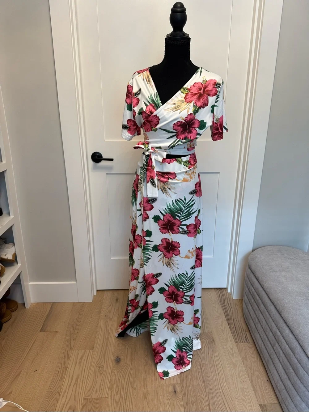 Floral Wrap Maxi Dress in White with Pink Hibiscus - Picture 1 of 2